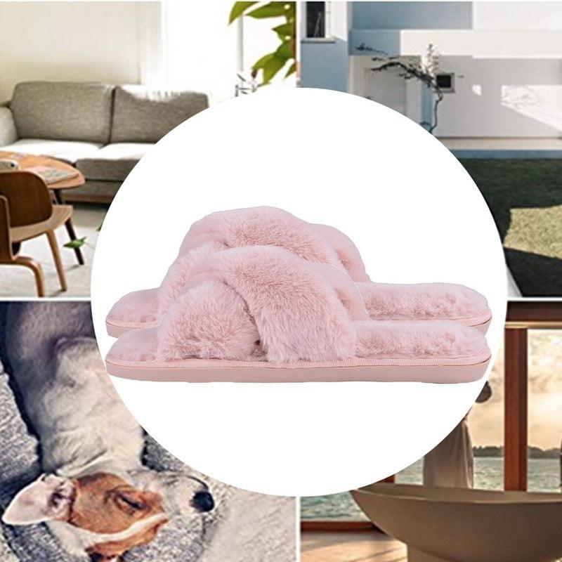 Stevvex pink fluffy faux-fur slippers with cross-strap design and memory foam sole on Tampa Home & Garden Store