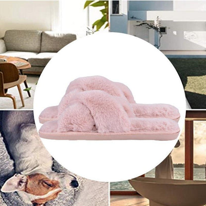 Stevvex pink fluffy faux-fur slippers with cross-strap design and memory foam sole on Tampa Home & Garden Store