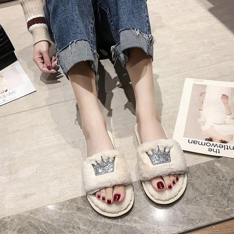 Fluffy white women slippers with crown-embellished strap memory foam indoor cozy slides on Tampa Home & Garden Store