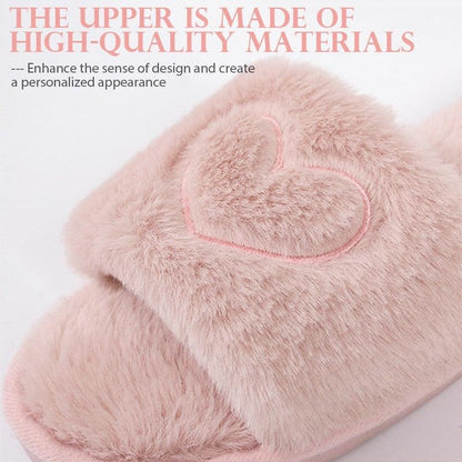 Warm fluffy faux fur slippers for women by Stevvex with pink heart embroidery slippers on Tampa Home & Garden Store