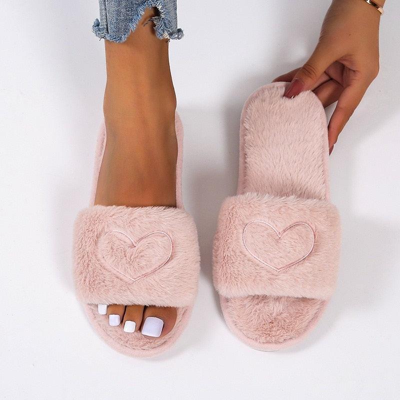 Stevvex pink fluffy faux fur slippers for women, 2 slippers, heart embroidery indoor slides on Tampa Home & Garden Store