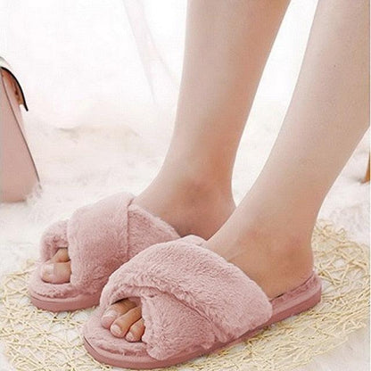 Women's warm fluffy pink faux-fur slide slippers with memory foam sole on Tampa Home & Garden Store