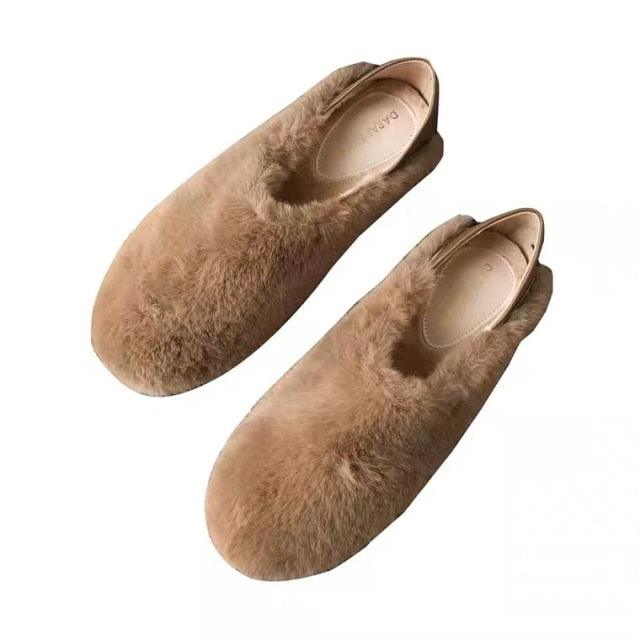 Stevvex women's warm fur loafers brown fuzzy slippers memory foam round toe pair on Tampa Home & Garden Store