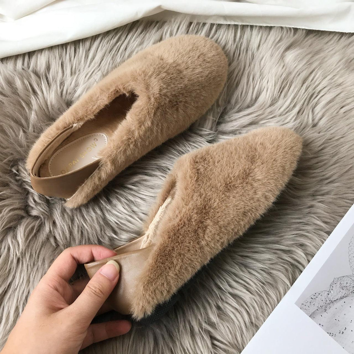 Stevvex warm fur loafers women beige fluffy memory foam slippers on Tampa Home & Garden Store