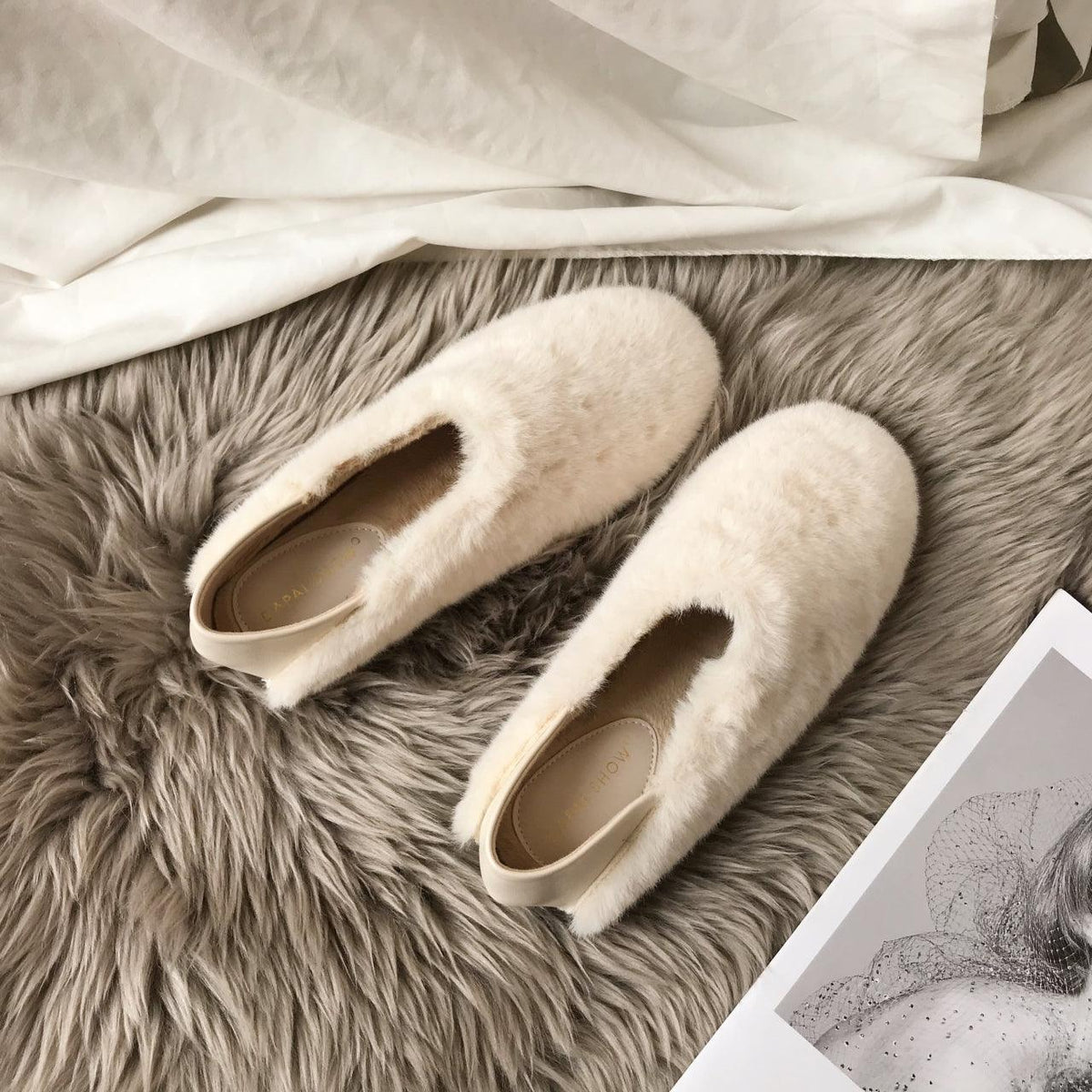 Stevvex women's ivory fur loafers with memory foam, fluffy round-toe indoor slippers on Tampa Home & Garden Store