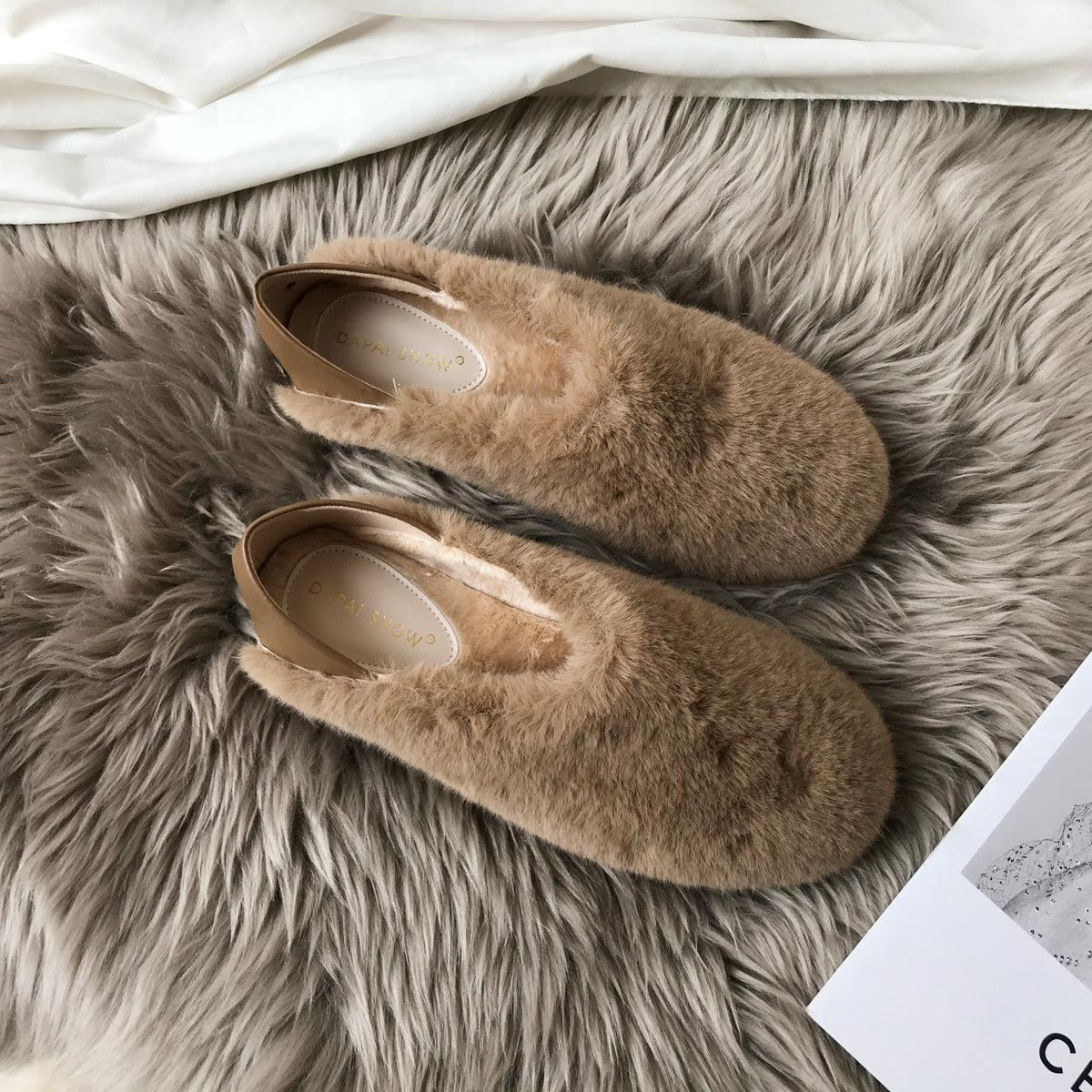 Stevvex warm fur loafers for women with memory foam insole, tan faux fur, anti-skid sole on Tampa Home & Garden Store