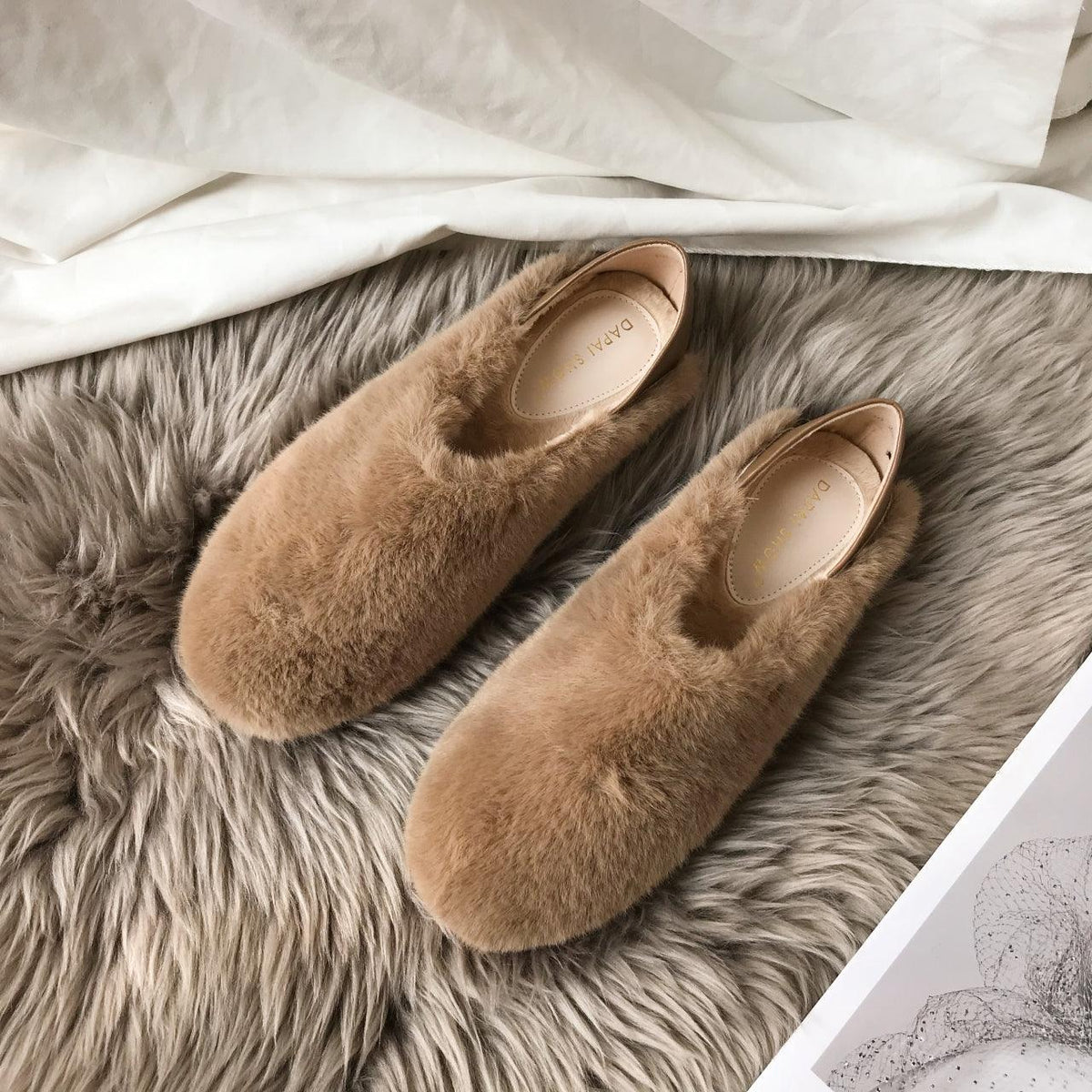 Fur loafers Stevvex womens beige fluffy memory foam slippers anti-skid sole pair on Tampa Home & Garden Store
