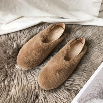 Fur loafers Stevvex womens beige fluffy memory foam slippers anti-skid sole pair on Tampa Home & Garden Store