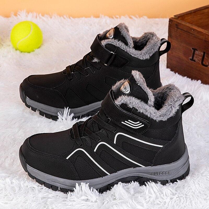 Stevvex warm fur winter boots black with grey lining, rugged anti-slip ankle boots pair on Tampa Home & Garden Store