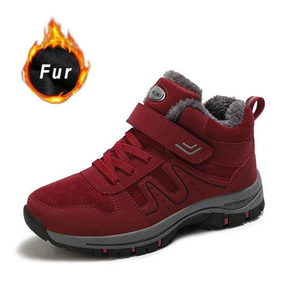 Stevvex red fur-lined winter boots with grey lining and rugged outsole on Tampa Home & Garden Store