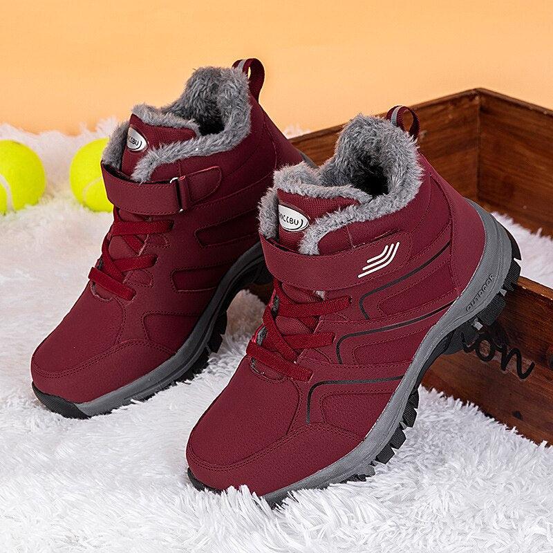 Stevvex warm fur-lined winter boots pair burgundy red with gray lug outsole, cozy fur interior on Tampa Home & Garden Store