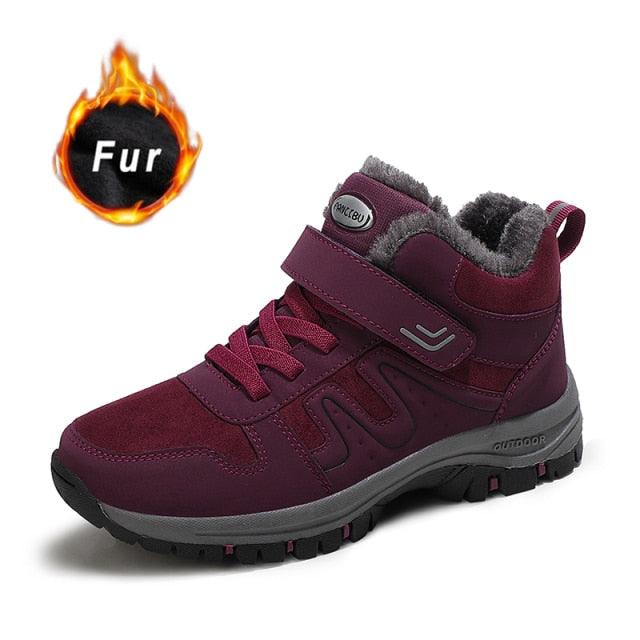 Stevvex fur-lined winter boots, burgundy ankle with gray fur, Velcro strap, rugged outsole on Tampa Home & Garden Store
