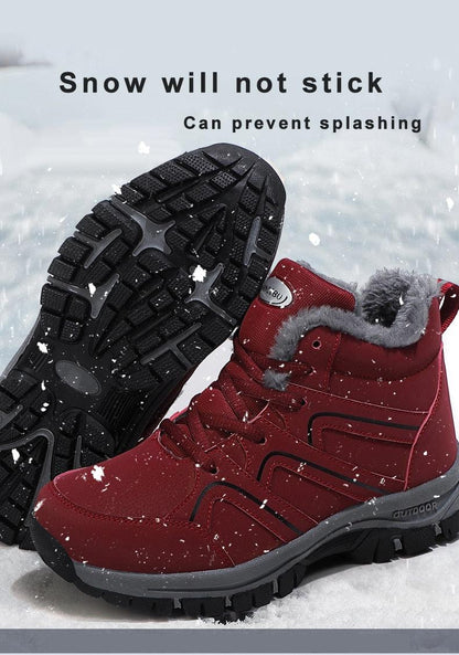 Stevvex red fur-lined winter boots, ankle-high with rugged anti-slip rubber outsole on Tampa Home & Garden Store