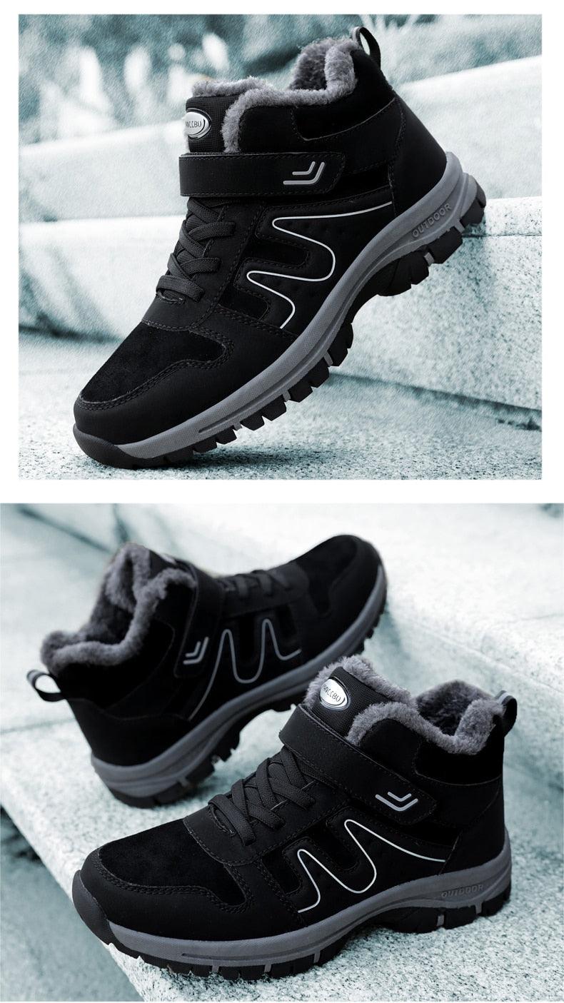 Stevvex warm fur lined winter boots, black suede upper with gray rugged outsole, faux fur interior on Tampa Home & Garden Store