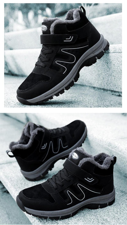 Stevvex warm fur lined winter boots, black suede upper with gray rugged outsole, faux fur interior on Tampa Home & Garden Store