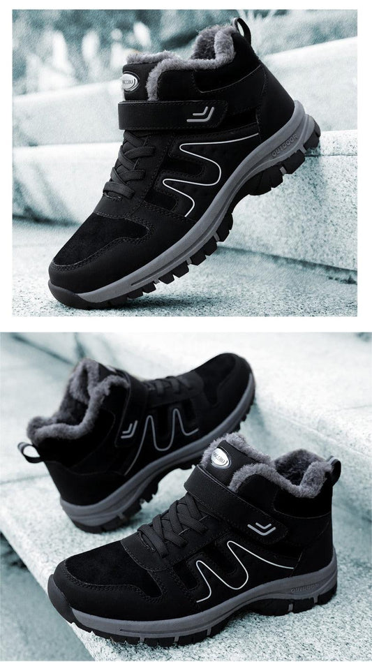 Stevvex warm fur lined winter boots, black suede upper with gray rugged outsole, faux fur interior on Tampa Home & Garden Store