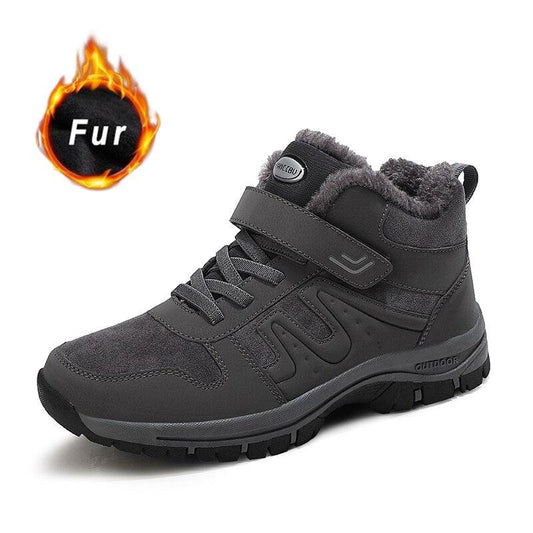 Stevvex fur-lined outdoor boots with lace-up and strap, dark gray rubber outsole on Tampa Home & Garden Store