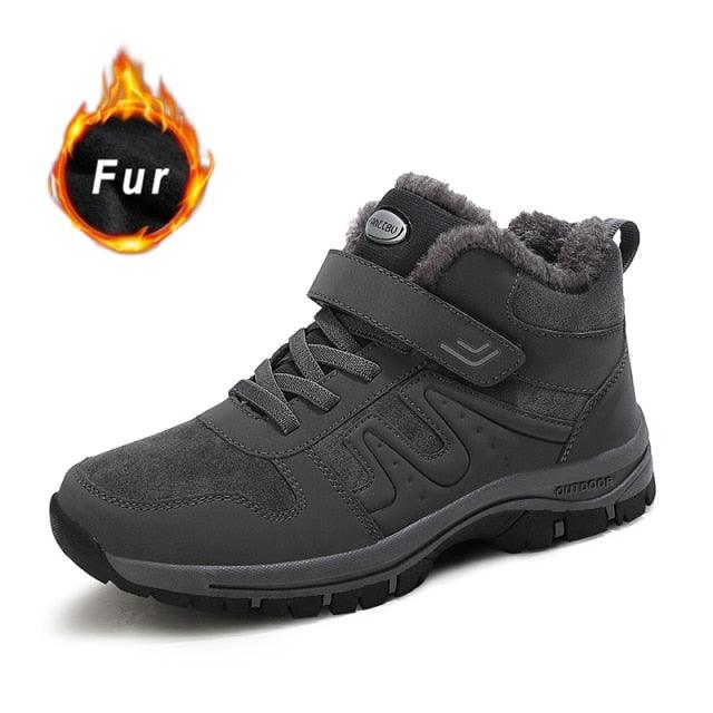 Stevvex fur-lined winter boots, black-gray leather and fabric with strap, rugged outsole on Tampa Home & Garden Store