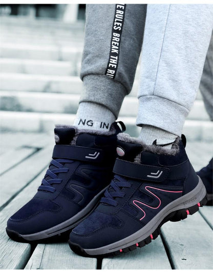 Stevvex navy fur-lined winter boots with pink accents, ankle height, rugged rubber outsole on Tampa Home & Garden Store
