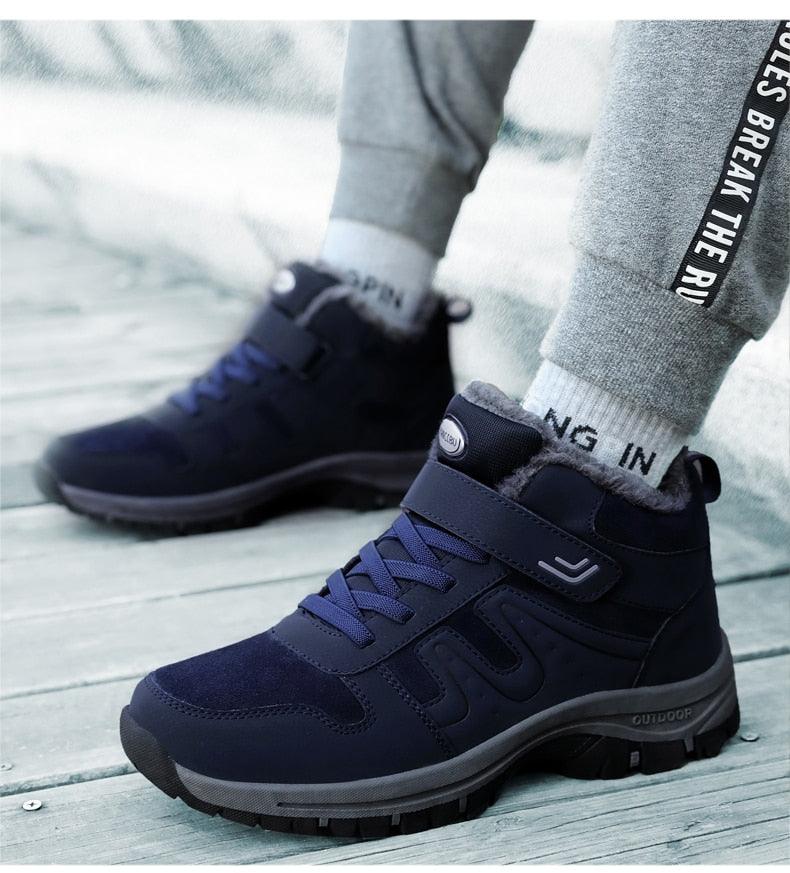 Stevvex navy fur-lined winter boots pair with lace-up and strap, rugged anti-slip rubber outsole on Tampa Home & Garden Store