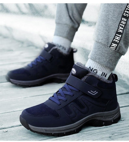 Stevvex navy fur-lined winter boots pair with lace-up and strap, rugged anti-slip rubber outsole on Tampa Home & Garden Store