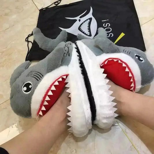 Slippers Stevvex warm shark plush women's slippers pair, gray sharks with red mouths on Tampa Home & Garden Store