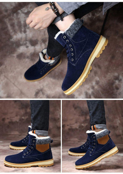 Stevvex blue suede winter boots with warm fur lining, lace-up ankle boot, tan rugged sole on Tampa Home & Garden Store