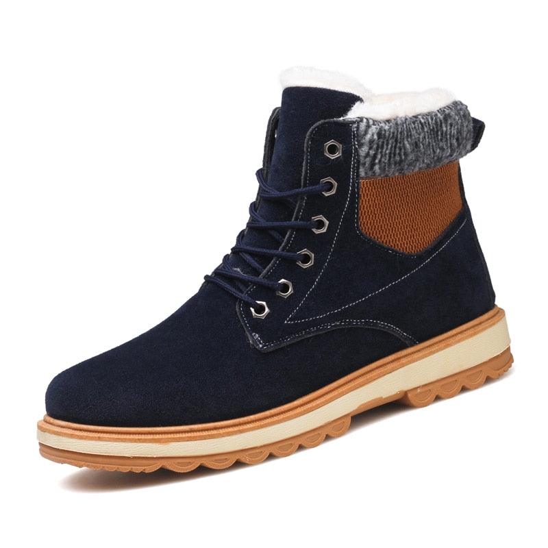 Stevvex men's winter boots navy suede fur-lined lace-up ankle boot with brown outsole on Tampa Home & Garden Store