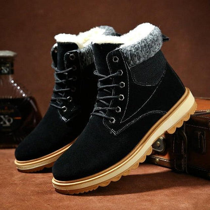 Stevvex men's black fur-lined winter boots, lace-up ankle with tan outsole on Tampa Home & Garden Store