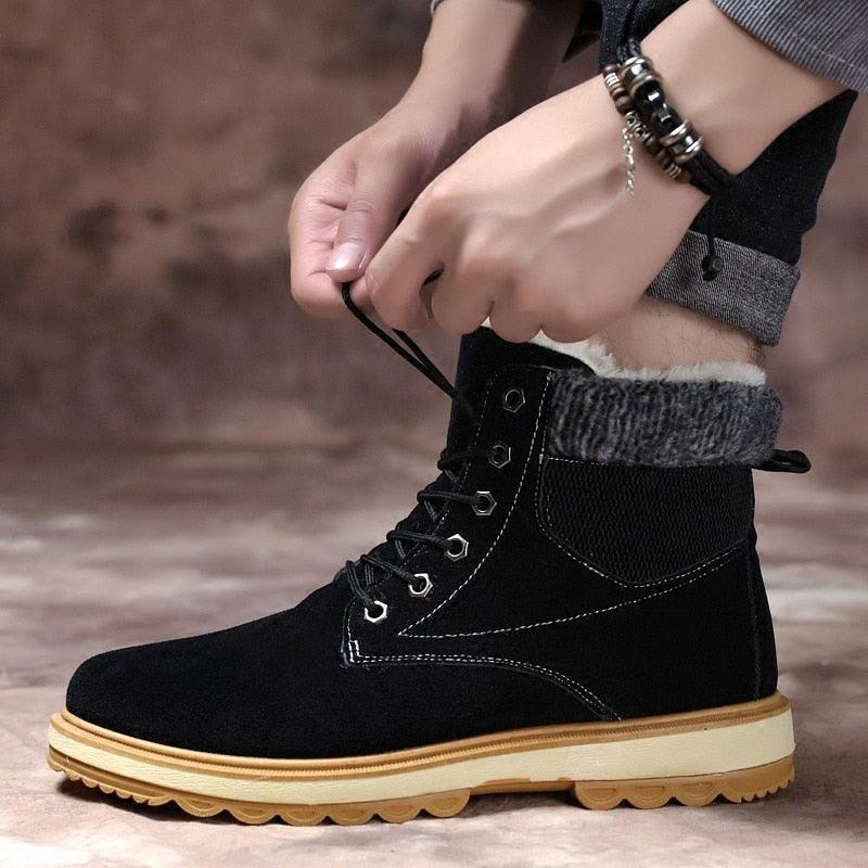 Stevvex warm winter men's snow boot in black suede with faux fur cuff and tan sole on Tampa Home & Garden Store