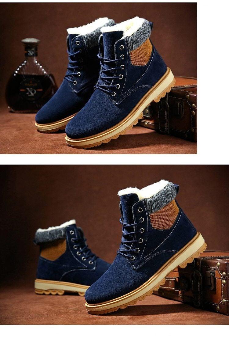 Stevvex navy blue fur-lined winter boots, lace-up ankle boots with knit collar, pair of boots on Tampa Home & Garden Store