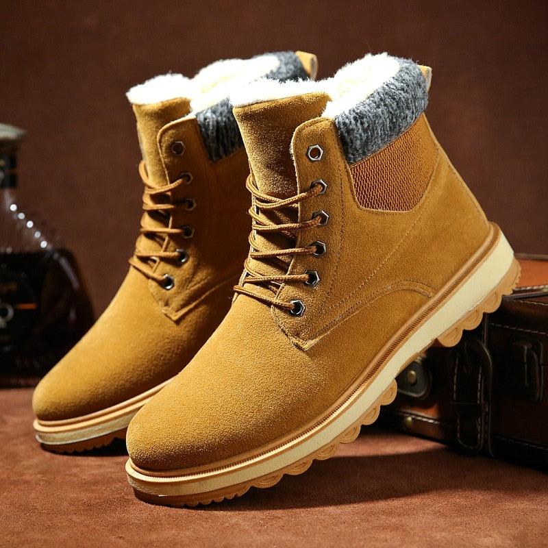 Tan suede warm winter men's snow boots with fur lining and lace-up ankle design on Tampa Home & Garden Store