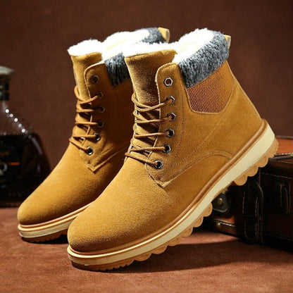 Tan suede warm winter men's snow boots with fur lining and lace-up ankle design on Tampa Home & Garden Store