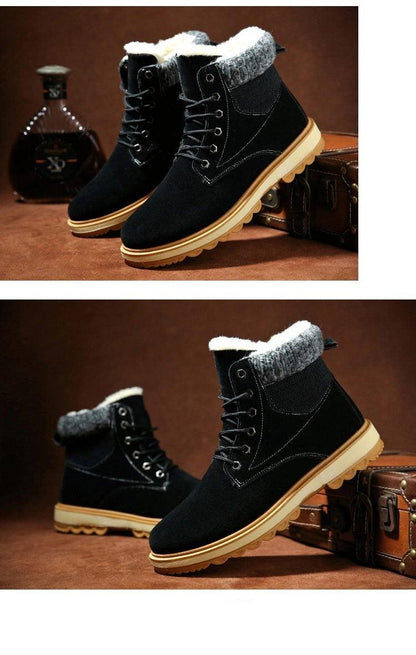 Warm Winter Boots by Stevvex, black suede with fur lining, lace-up ankle design, water-resistant on Tampa Home & Garden Store