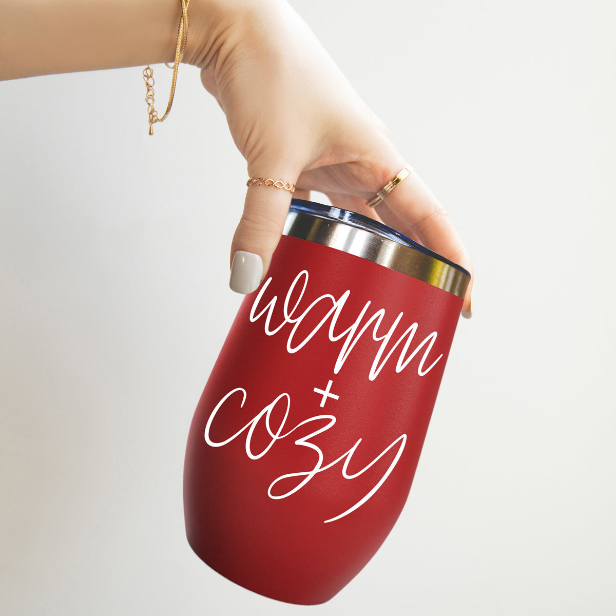 Gia Roma Warm + Cozy 17oz tumbler red matte finish with white script, metal rim on Tampa Home & Garden Store
