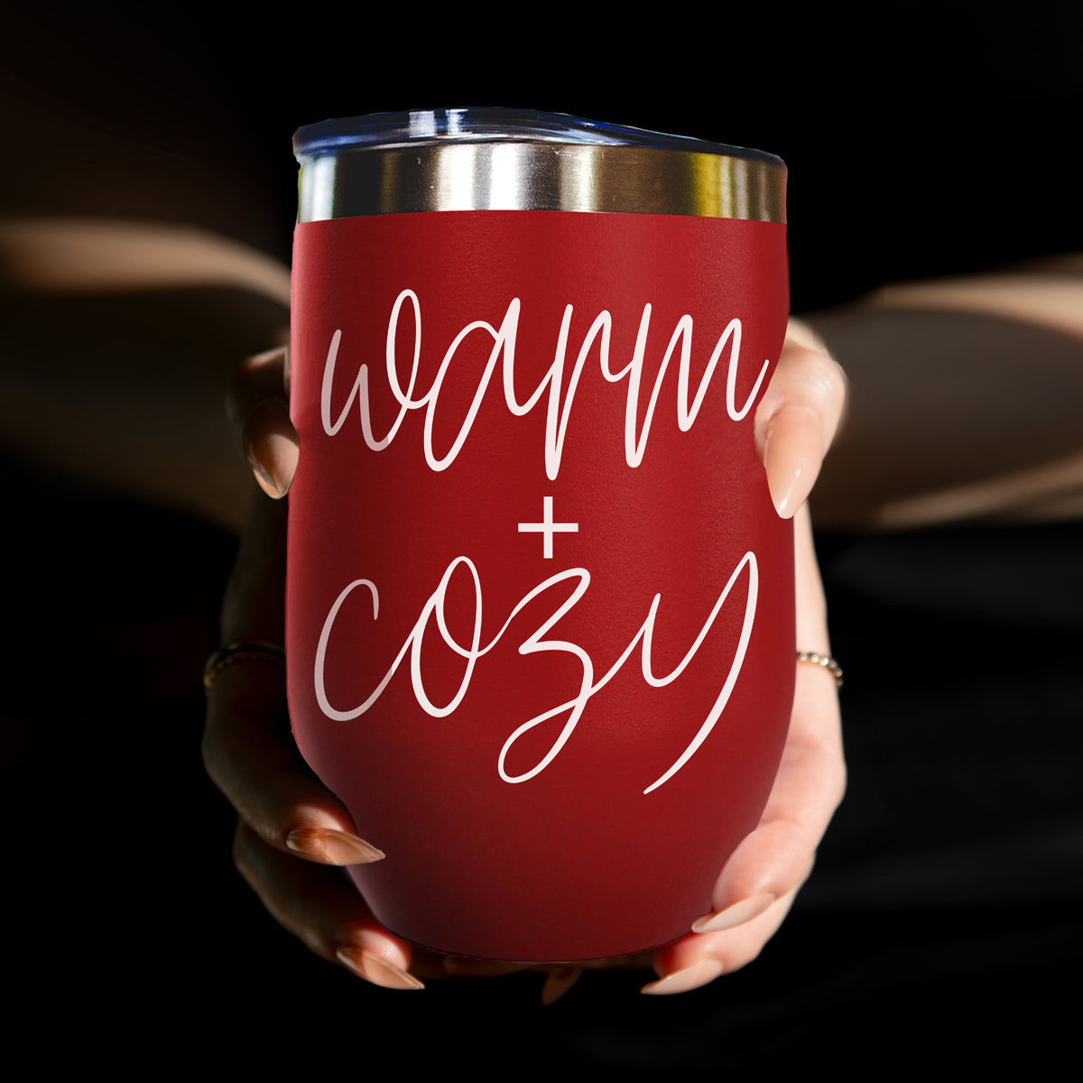 Tumbler Gia Roma 17oz red with white script warm + cozy on Tampa Home & Garden Store