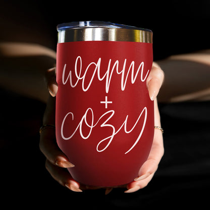 Tumbler Gia Roma 17oz red with white script warm + cozy on Tampa Home & Garden Store