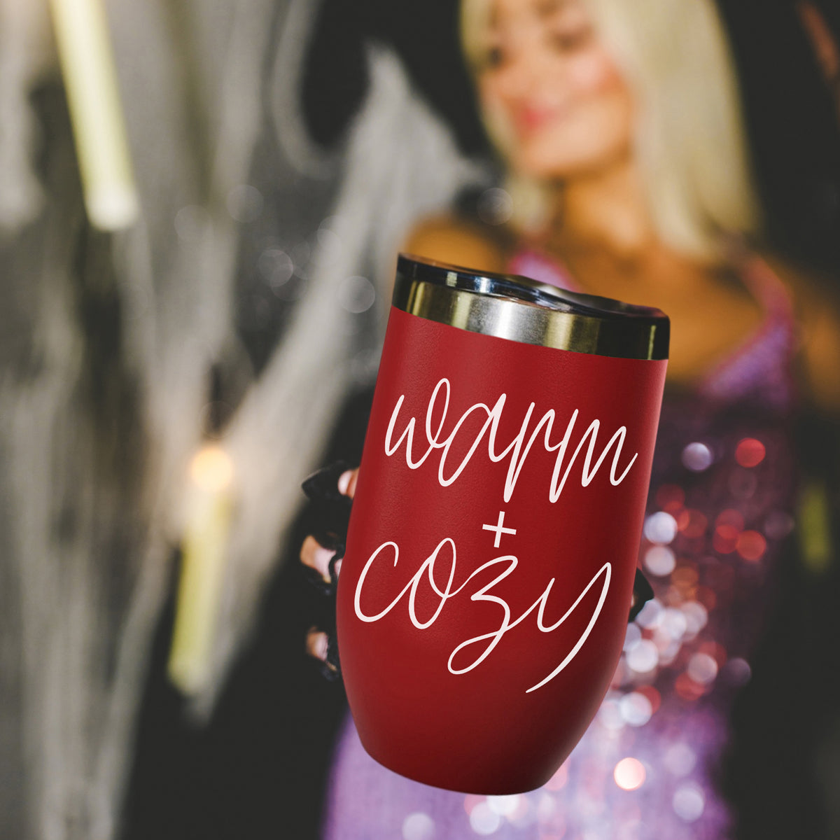 Warm + Cozy 17oz tumbler red Gia Roma with white cursive text and metallic lid on Tampa Home & Garden Store
