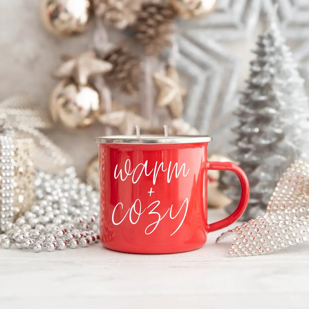 16oz Holiday Candle Mug in Red Metal Choose Scent