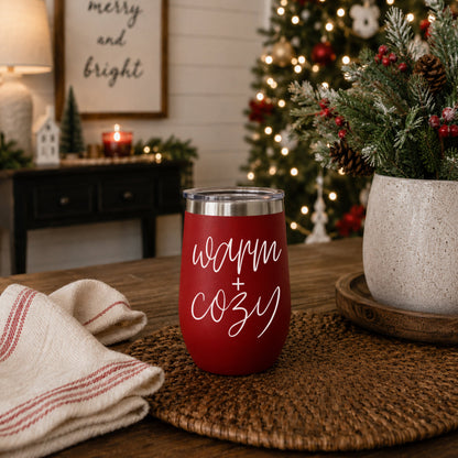 Gia Roma Warm + Cozy 17oz tumbler red on woven placemat with festive decor on Tampa Home & Garden Store