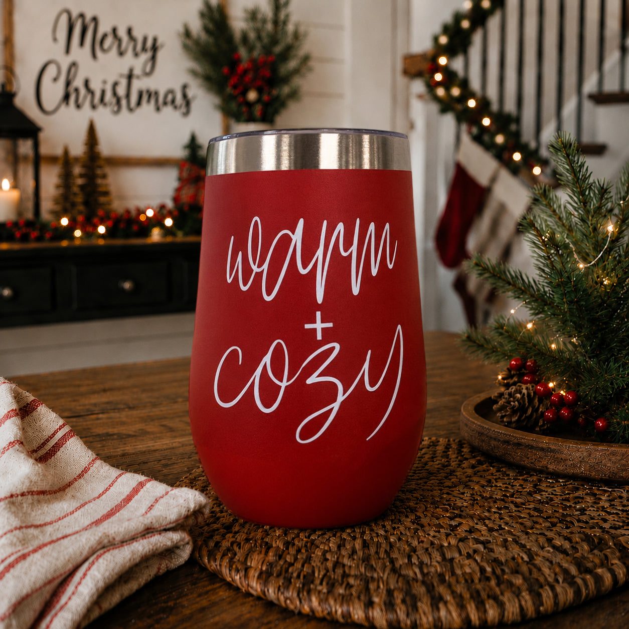 Warm + Cozy 17oz tumbler by Gia Roma, red with stainless steel lid on Tampa Home & Garden Store