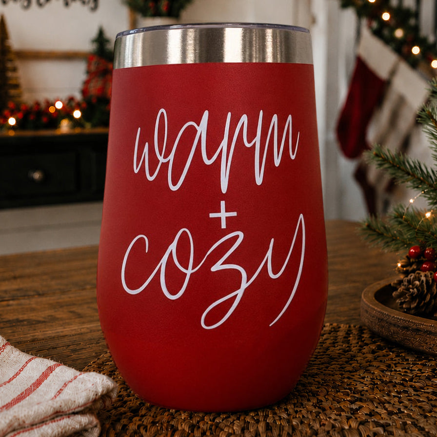 Warm + Cozy 17oz Gia Roma tumbler red stainless steel with silver rim on Tampa Home & Garden Store