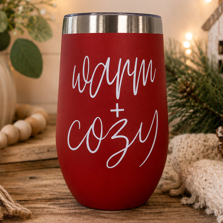 Gia Roma Warm + Cozy 17oz red tumbler with stainless steel rim on Tampa Home & Garden Store