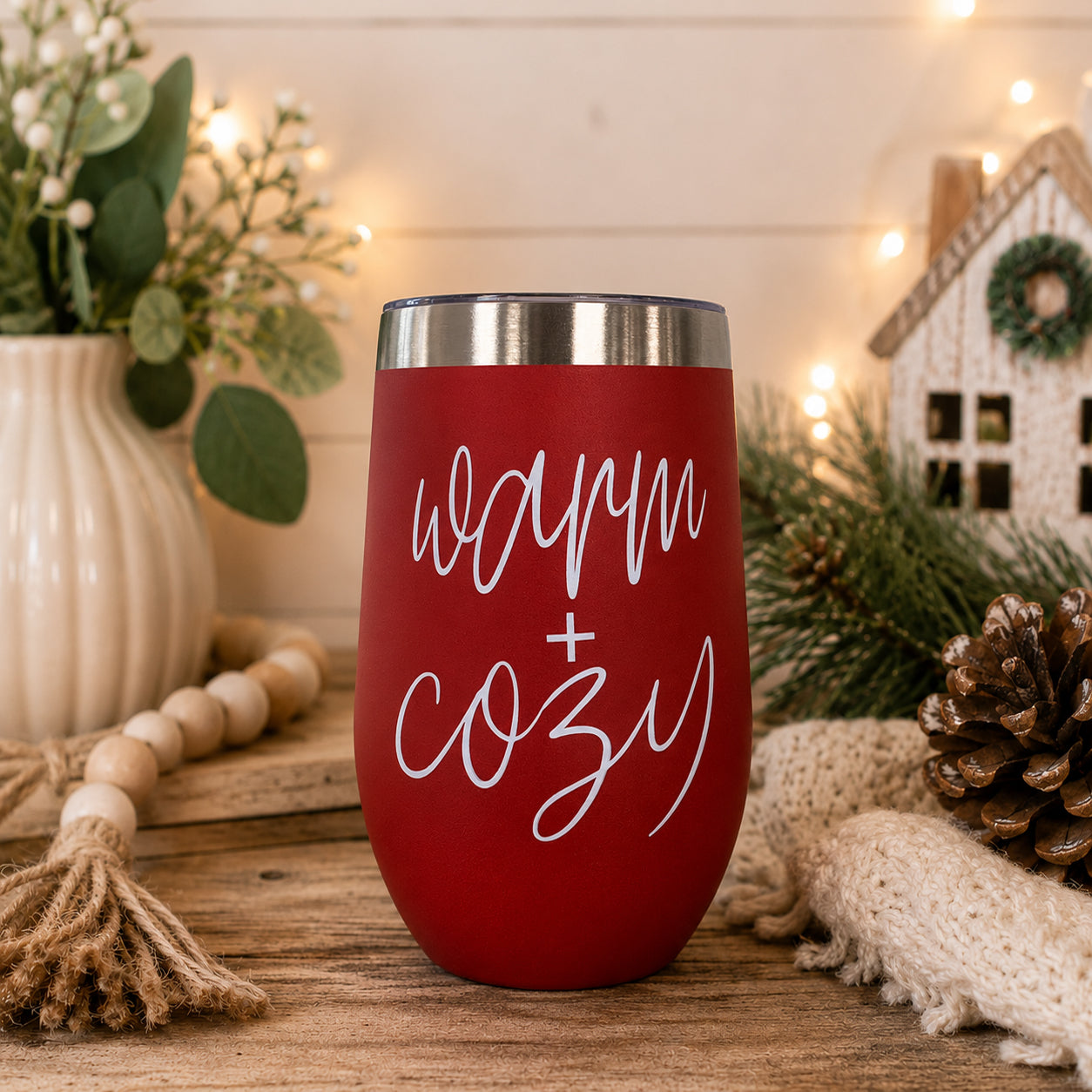Gia Roma Warm + Cozy 17oz tumbler in red with a silver rim on Tampa Home & Garden Store