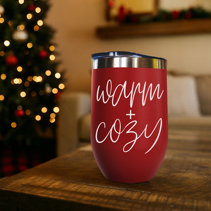 Warm + Cozy 17oz tumbler by Gia Roma in red stainless steel with white script on Tampa Home & Garden Store