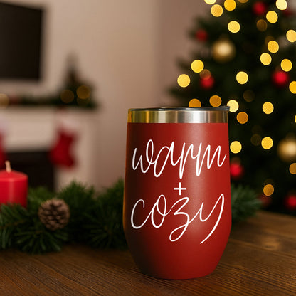 Warm + Cozy 17oz red tumbler by Gia Roma with white script and stainless lid on Tampa Home & Garden Store
