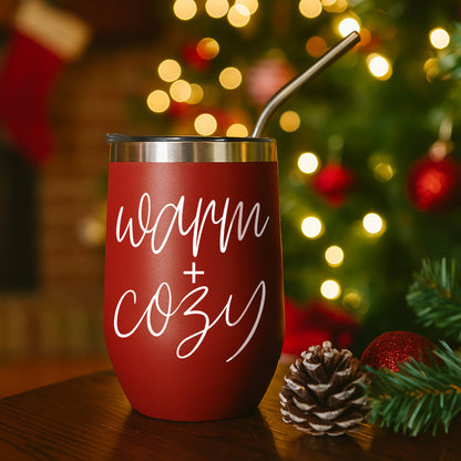 Warm + Cozy 17oz red tumbler with metal straw and stainless lid on Tampa Home & Garden Store