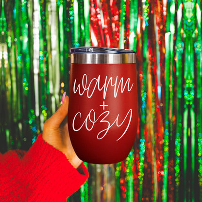 Warm + Cozy 17oz tumbler Gia Roma red with stainless lid and white cursive text on Tampa Home & Garden Store