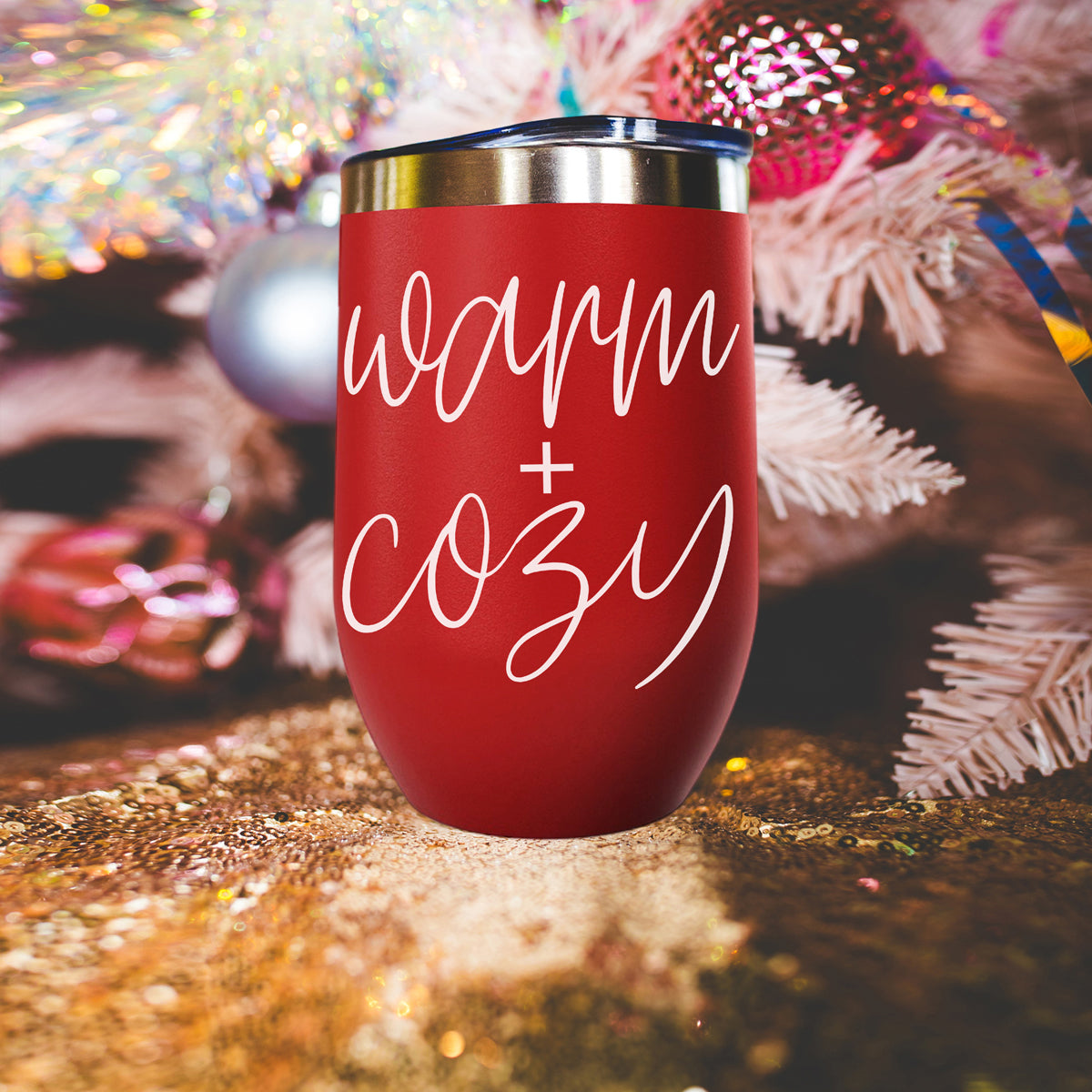 Warm + Cozy 17oz tumbler by Gia Roma in red with white script on Tampa Home & Garden Store