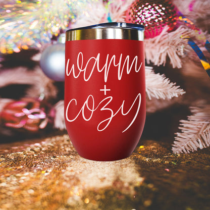 Warm + Cozy 17oz tumbler by Gia Roma in red with white script on Tampa Home & Garden Store